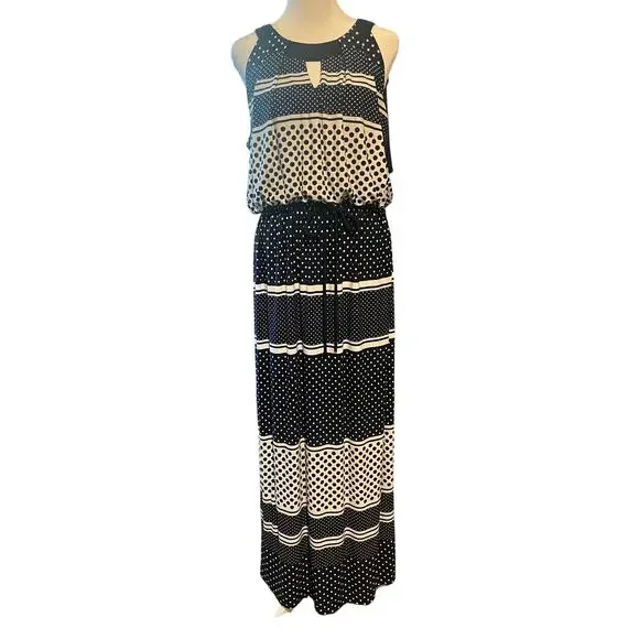 Enfocus Studio Navy White Black Polka Dot Maxi Dress 14 - Picture 3 of 7